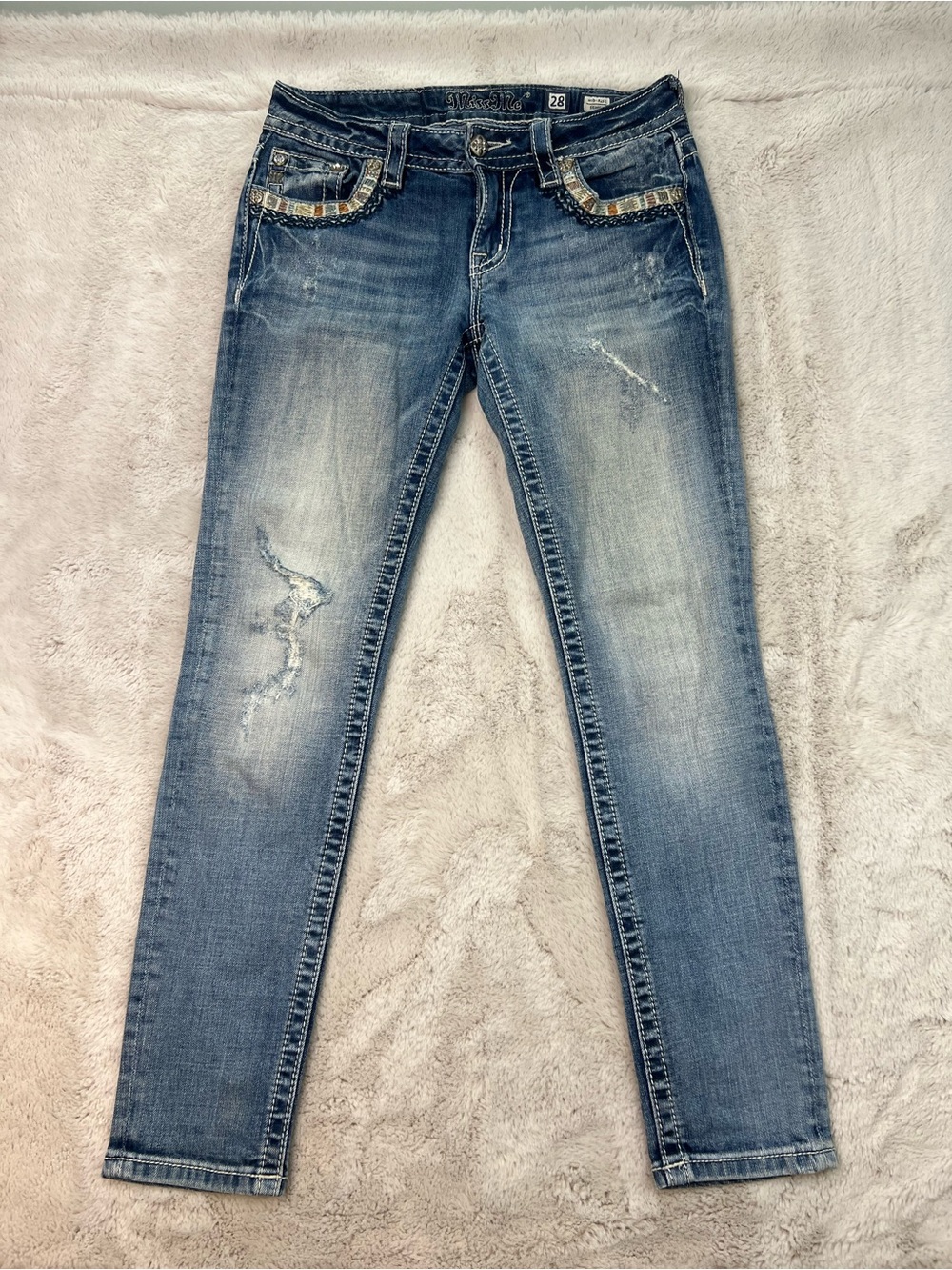 Miss Me Skinny Jeans Mid Rise Distressed Size 28 Coloured Stitching Sequins